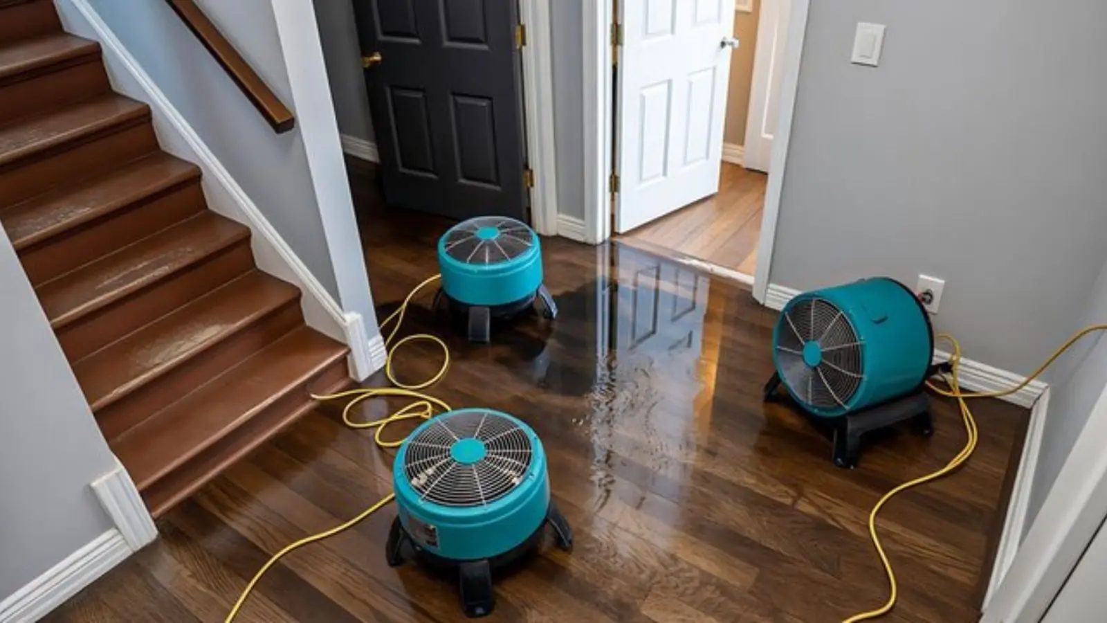 Three teal air movers drying a polished hardwood floor at the foot of a staircase
